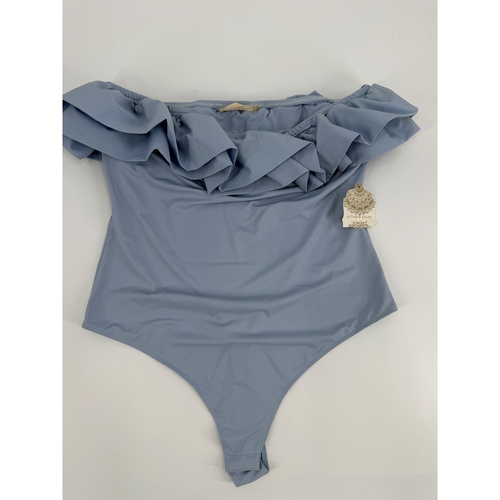 Altar'd State Womens‎ Blue Ruffle Off Shoulder Bodysuit MT4925 L NWT